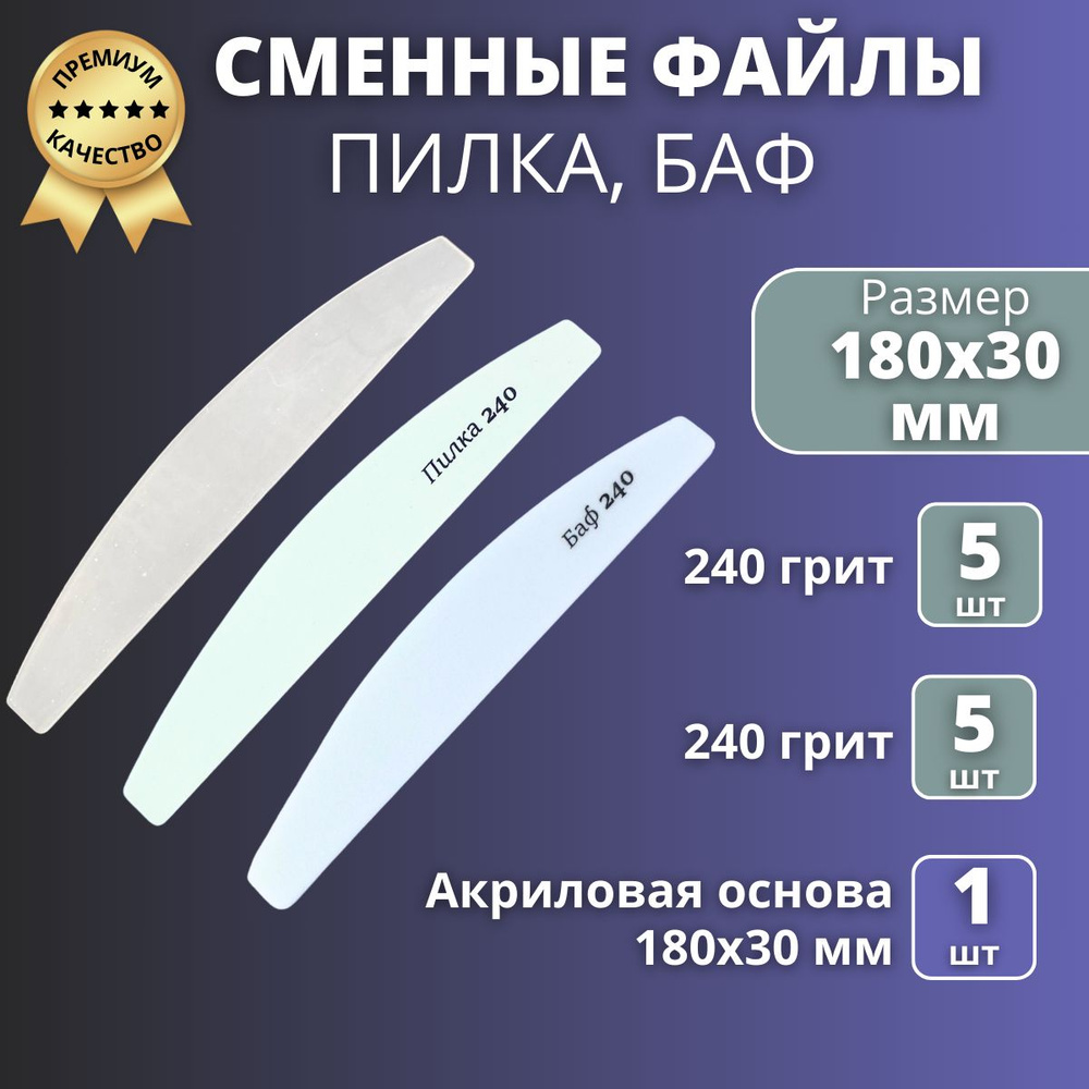 Пробный набор, сменные файлы для пилочного маникюра 240/240 грит 10 шт с 1 акриловой основой  #1