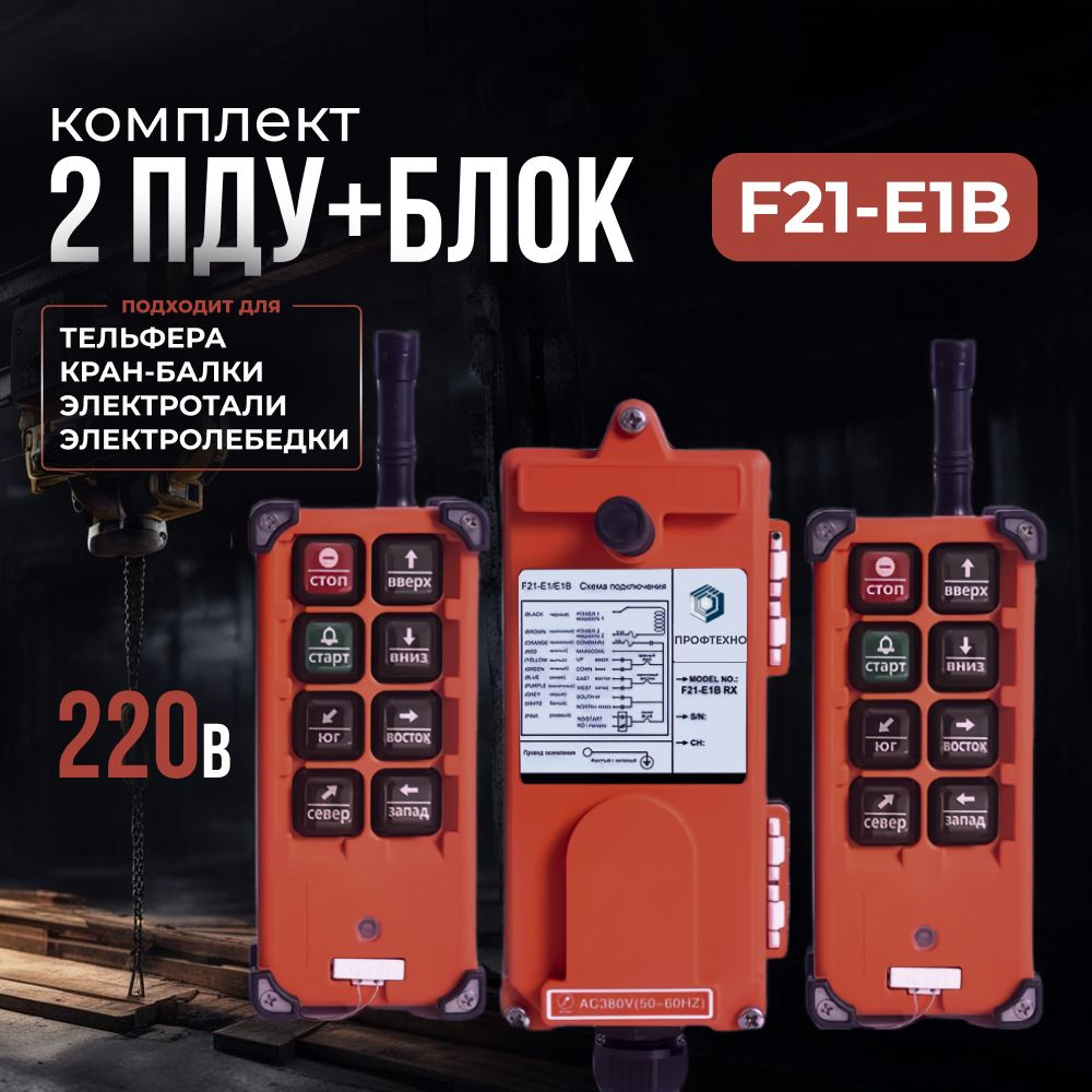 Комплект 2 ПДУ+блок F21-E1B 6 кнопок для тельфера, кран-балки, электролебедки, электротали, 220В  #1