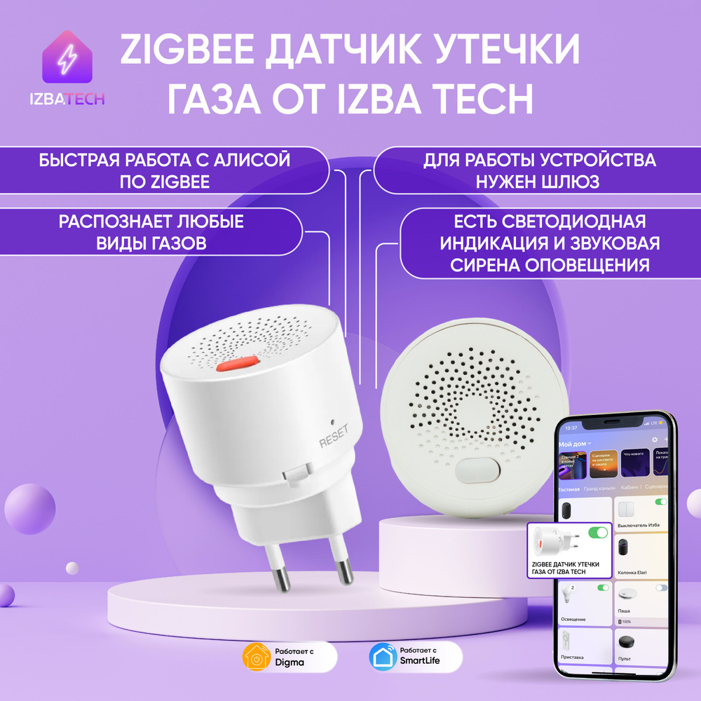 Умный беспроводной датчик утечки газа Zigbee от Tuya Smart распознает все виды газов подключается к умному #1