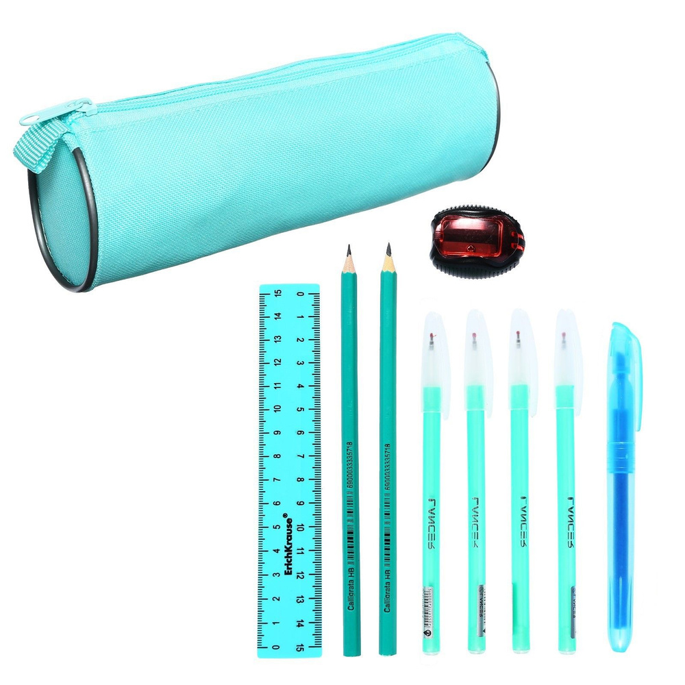 Набор канцелярский 10 предметов (Пенал-тубус 65 х 210 мм, ручки 4 штуки цвет синий , линейка 15 см, точилка, #1