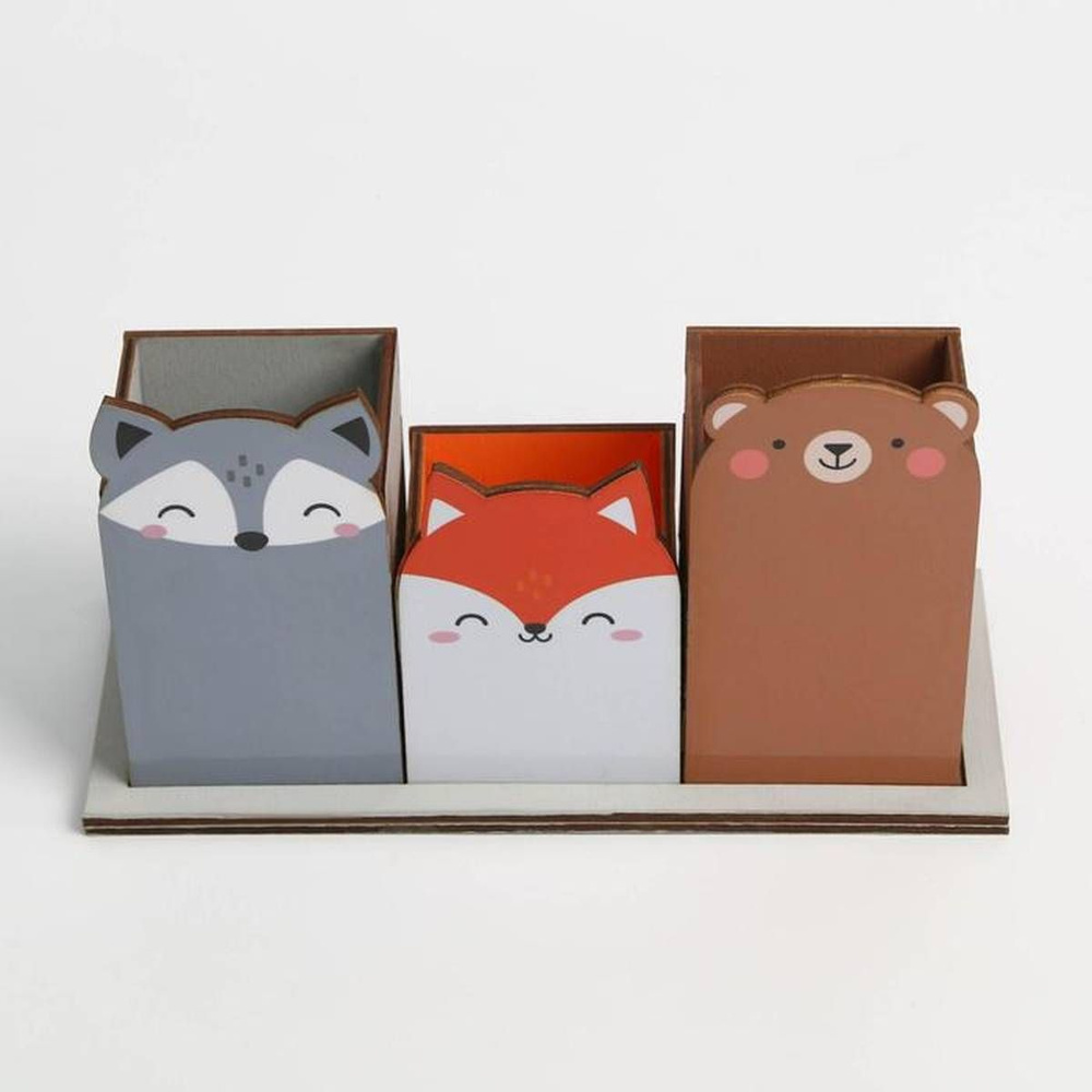 Карандашница - Животные, деревянная, на подставке, 3 секции, 1 шт  #1