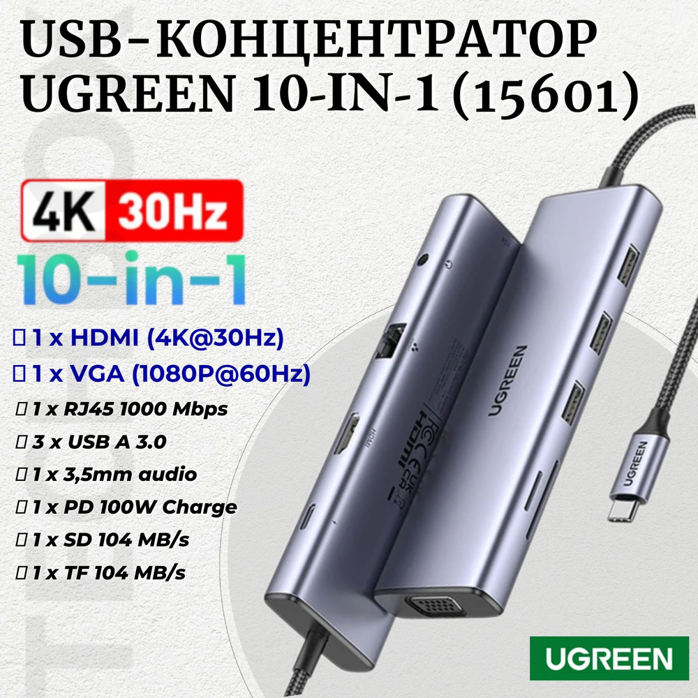 USB-Концентратор UGREEN 10-in1 (15601), 4K HDMI, VGA, RJ45, USB 3.0, 3.5mm, PD 100W Hub #1