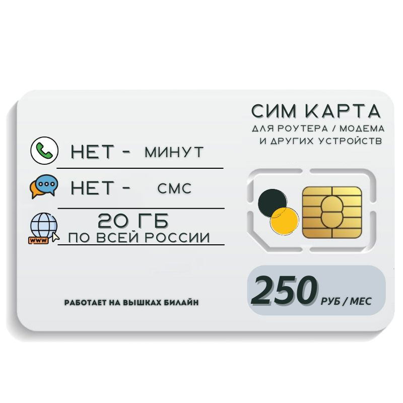 SIM-карта Сим карта интернет 250 руб. в месяц 20 ГБ для любых устройств + раздача MBTP24 B E L L (Вся #1