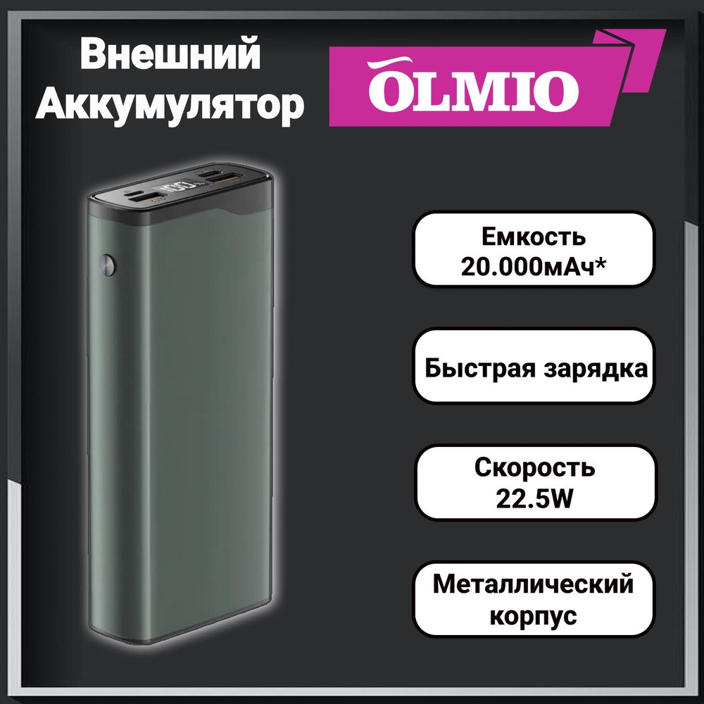 Внешний аккумулятор OLMIO QL-20, 20000mAh, 22.5W, PowerBank с поддержкой QuickCharge3.0 / PowerDelivery, #1