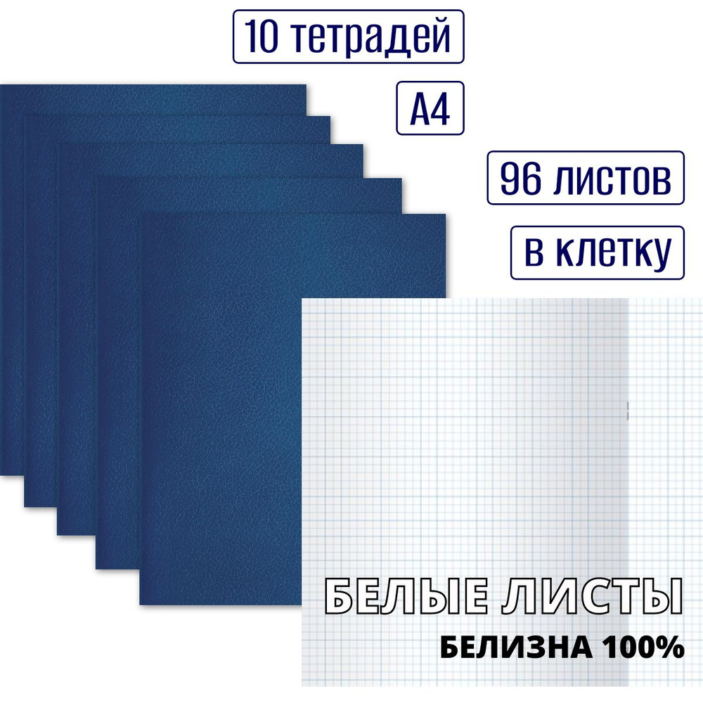 Набор тетрадей в клетку 96 листов, формат А4, без полей, обложка бумвинил синяя, белые листы, белизна #1