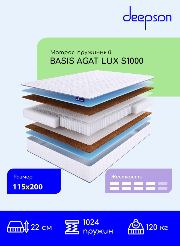 Deepson BASIS AGAT LUX S1000 выше средней жесткости, Полутороспальный, Беспружинный, На кровать 115x200 #1