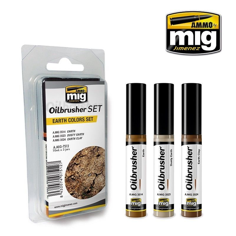 Набор масляных красок с тонкой кистью Earth Colors OILBRUSHER SET (Ammo Mig) (3x10ml)  #1