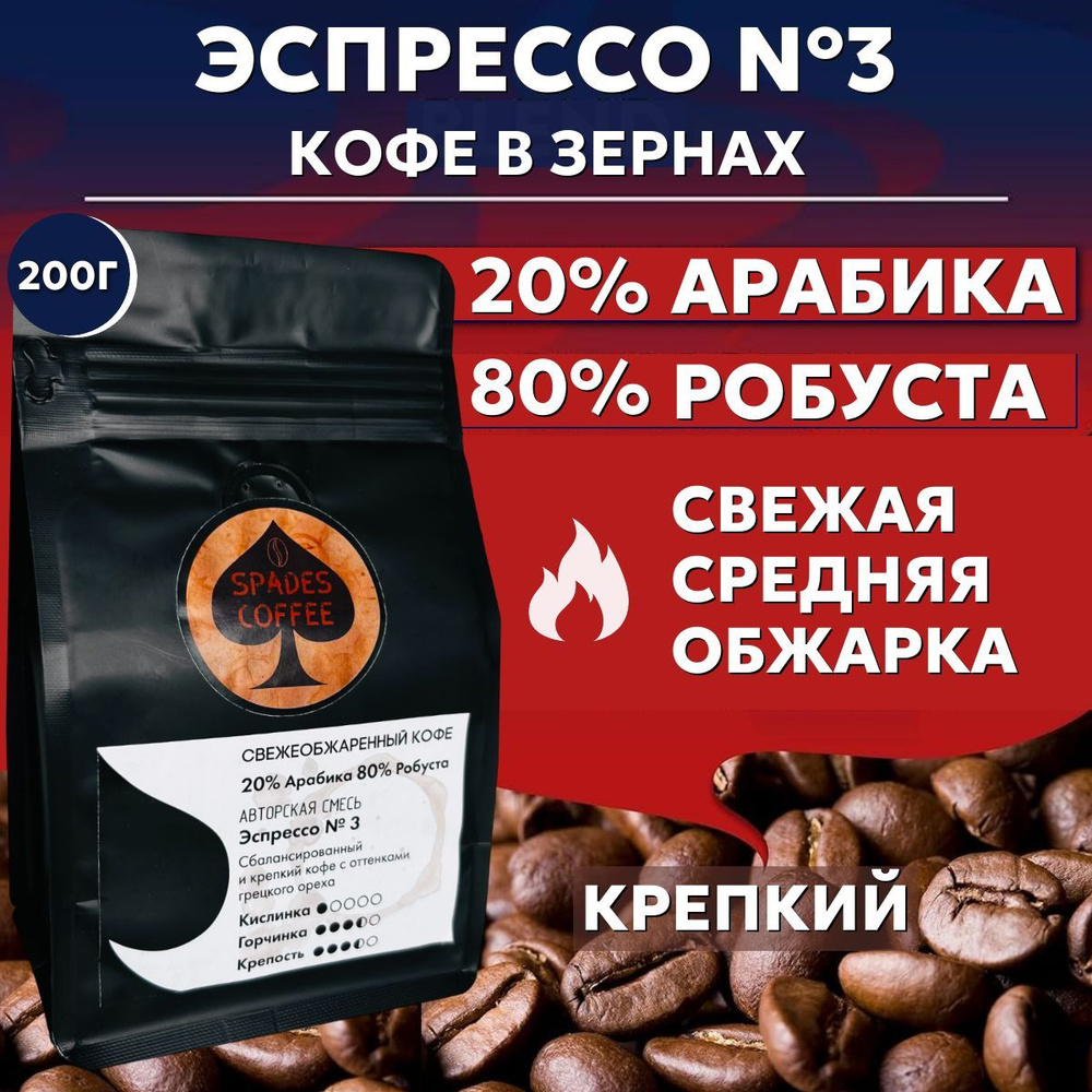 Кофе в зернах 200г Смесь Эспрессо №3, Арабика 20%, Робуста 80%, Бразилия/Вьетнам, свежеобжаренный, натуральный, #1