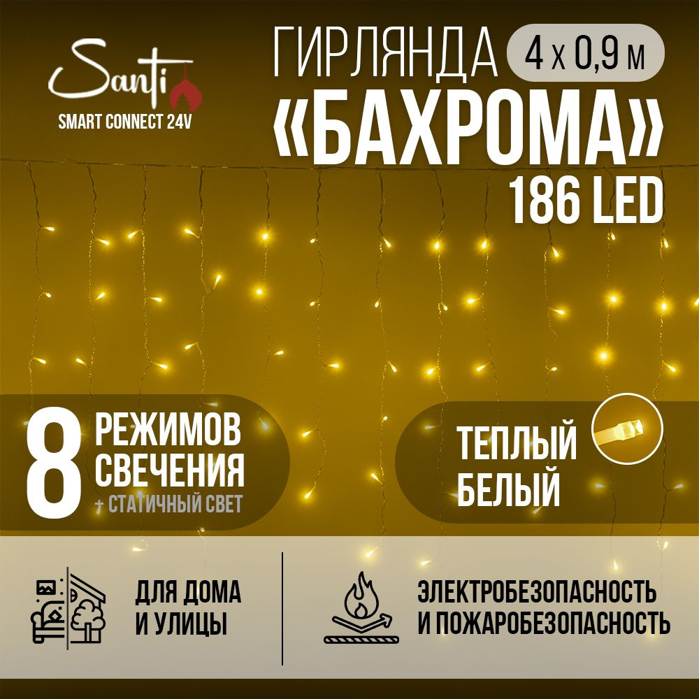 Гирлянда Бахрома Smart connect 24V 186LED 4х0,9 м, теплый белый, IP44 ПВХ, прозрачный провод, 8 функций #1