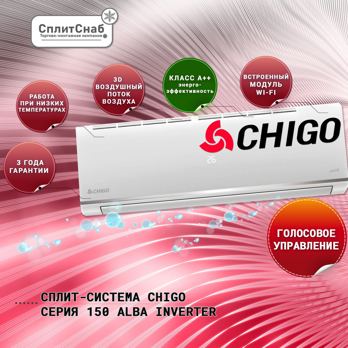 Серия 150 Alba Inverter кондиционеров Chigo предлагает высокое качество и эффективность охлаждения, обогрева и вентиляции воздуха. Эти кондиционеры оснащены инверторным компрессором, который позволяет точно контролировать температуру и обеспечивает более высокую энергоэффективность по сравнению с традиционными кондиционерами.  Основные характеристики серии 150 Alba Inverter включают:  – Энергоэффективность класса А++: эти кондиционеры обеспечивают высочайшую энергоэффективность, что приводит к снижению затрат на электроэнергию. – Режимы охлаждения, обогрева, вентиляции и осушения: вы можете выбрать подходящий режим для создания комфортной атмосферы в вашем доме. – Функция автоматического перезапуска: в случае отключения электроэнергии кондиционер автоматически перезапустится с теми же настройками, которые были до сбоя питания. – Большой диапазон рабочих температур: кондиционеры серии 150 могут работать в широком диапазоне температур, обеспечивая комфортное охлаждение или обогрев в любое время года. – Бесшумная работа: благодаря инверторной технологии, эти кондиционеры работают очень тихо, обеспечивая комфорт и спокойствие в вашем доме. Серия 150 Chigo Alba Inverter предлагает отличное сочетание функциональности, энергоэффективности и комфорта. Если вы ищете надежный и эффективный кондиционер, то эти модели могут стать отличным выбором для вашего дома.