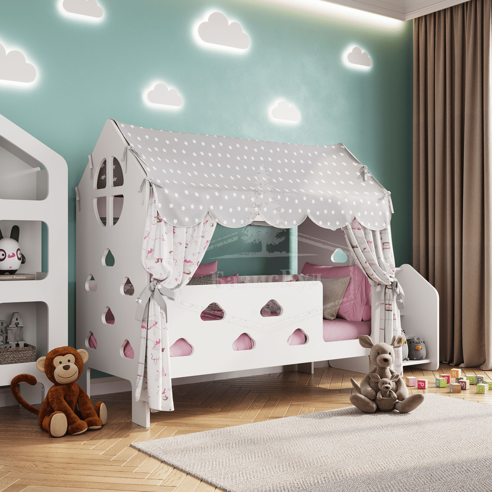 Кровать детская -домик с бортиком под матрас 160х80, БазисВуд, "Облачка" с текстилем (балдахин- серый, #1