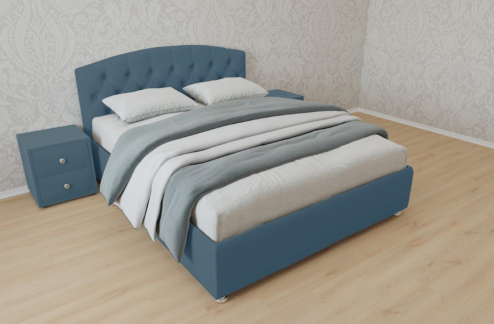 Двуспальная кровать Берлин с матрасом 140x200 основание металлическое с ламелями велюр бирюзовый без #1