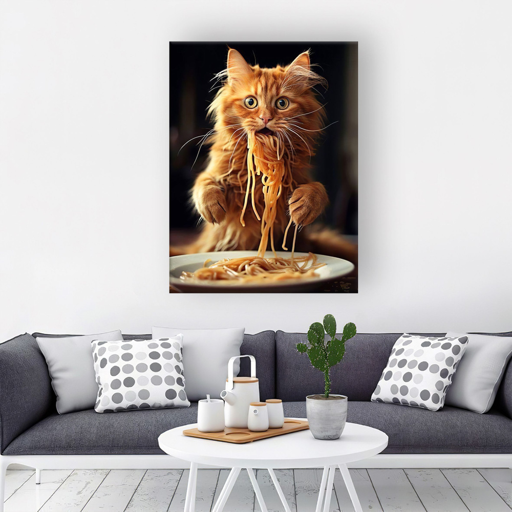 Интерьерная картина "Кот ест спагетти" 70*100 см #1