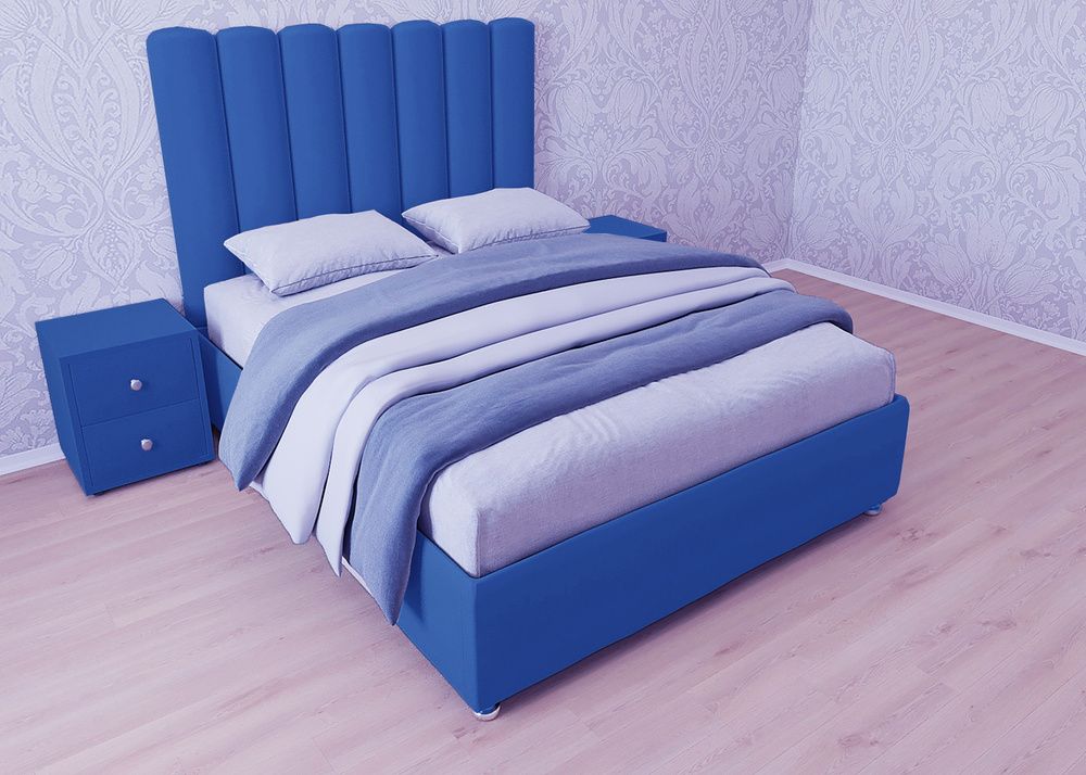 Двуспальная кровать Женева Нью 200x200 основание металлическое с ламелями велюр синий ножки 5 см  #1