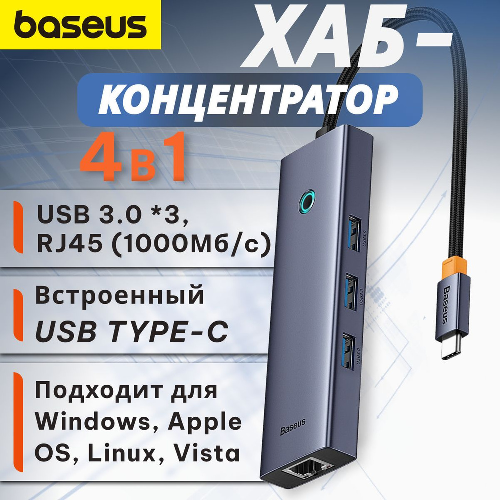 Хаб OS-Baseus Flite Series 4-Port HUB (Type-C to USB3.0*3+RJ45*1) Серый (B0005280A813-00) #1