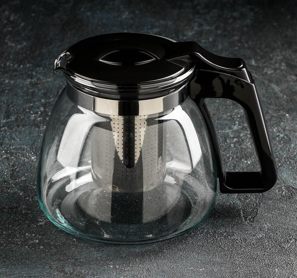 Чайник стеклянный заварочный Доляна "Иллюзия", 900 мл, с металлическим ситом, цвет чёрный  #1