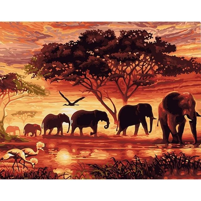 Алмазная мозаика на холсте "Африканские слоны" 50х40 см полная выкладка круглые стразы Мадагаскария  #1