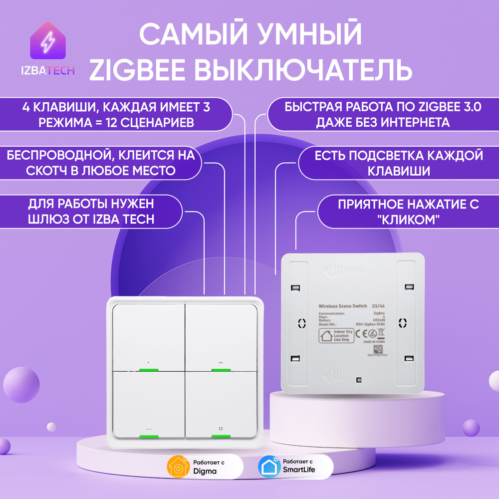 Умный беспроводной четырехклавишный выключатель Zigbee на батарейках, повторитель переключатель белый #1