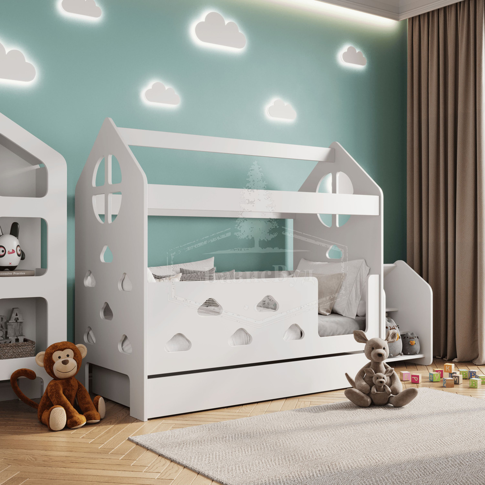 Кровать-домик, Кровать детская с бортиком под матрас 160х80, БазисВуд "Облачка" с ящиком, вход справа #1