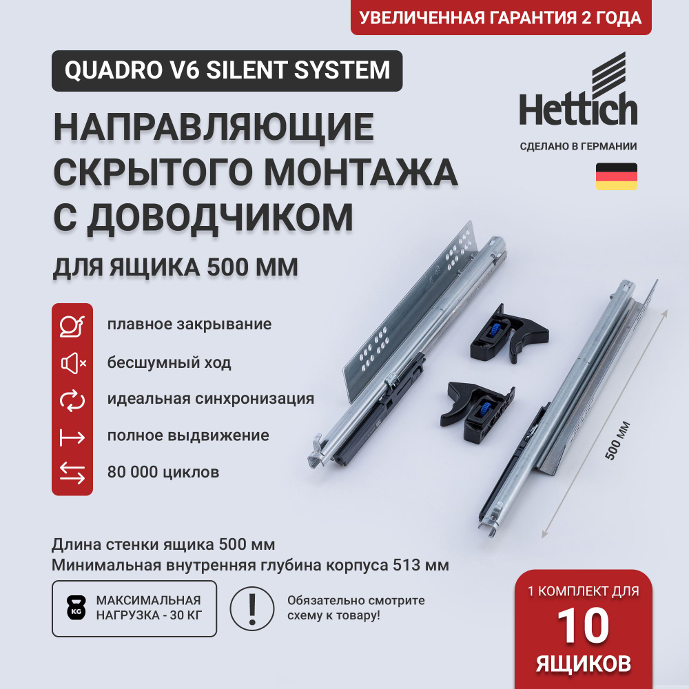 Направляющие для ящиков скрытого монтажа Hettich Quadro V6 Silent System с доводчиком, длина 500 мм, #1