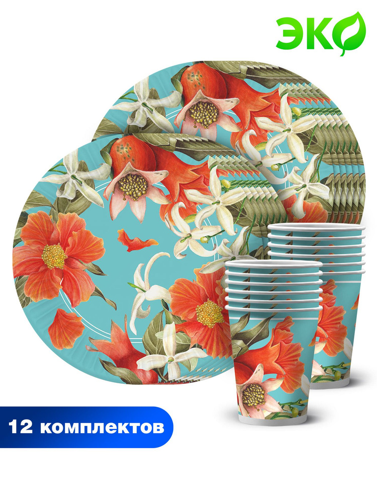 Набор одноразовой бумажной посуды для праздника ND Play / Гранат на бирюзовом (тарелка 23 см, стакан #1