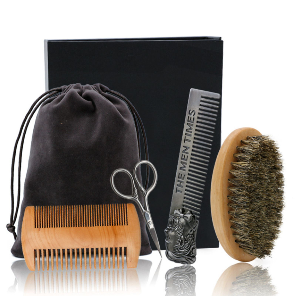 Подарочный набор для ухода за бородой и усами 4в1: ножницы, деревянный гребень, щетка с натуральной щетиной #1