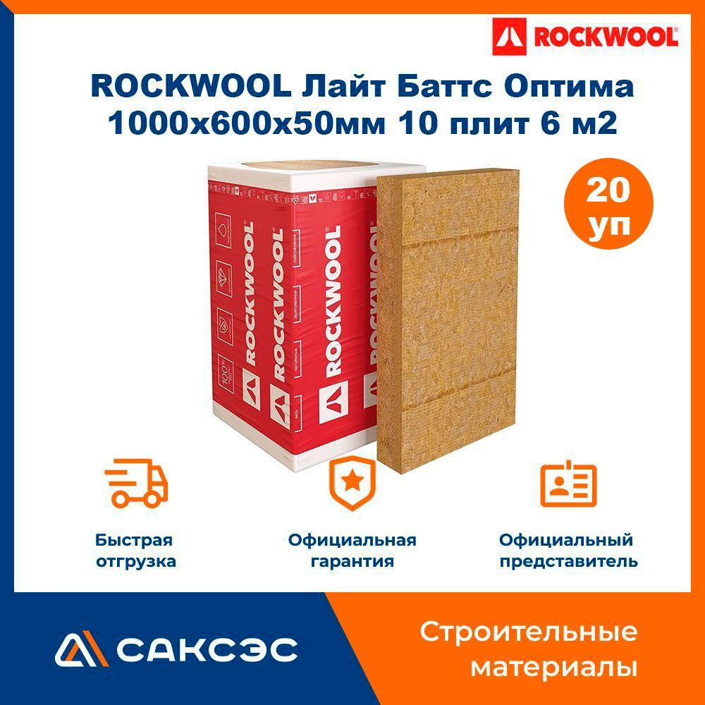 Утеплитель ROCKWOOL (Роквул) Лайт Баттс Оптима минеральная вата 1000х600х50мм, 10 плит, 6 м2, 20 упаковок #1