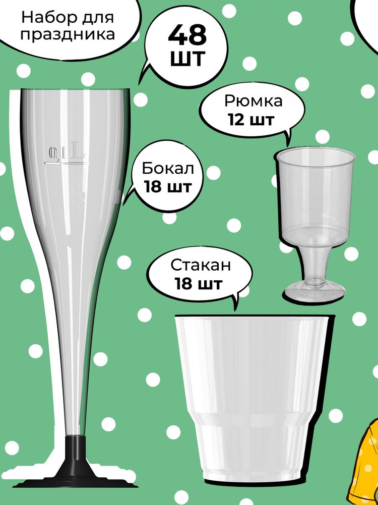 Бокалы одноразовые под шампанское пластиковые прозрачные 180 мл, стаканы 200 мл и рюмки 50 мл, набор #1