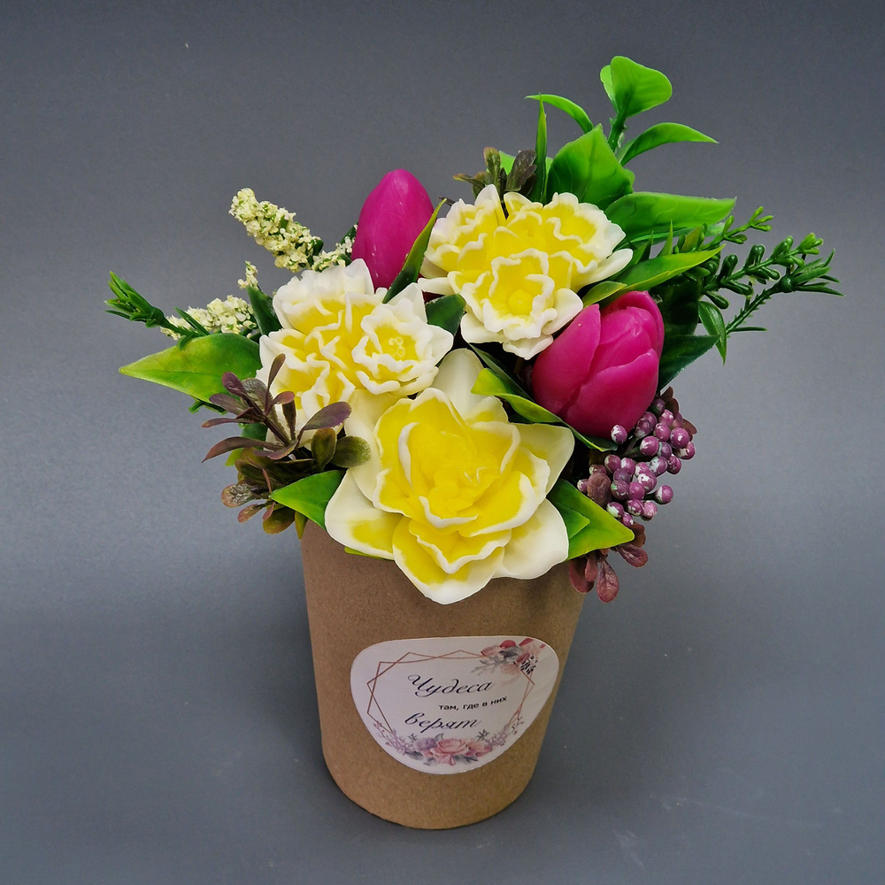 Мини-букет из мыла "Нарциссы и тюльпаны" 1 штука / подарок / день рождения  #1