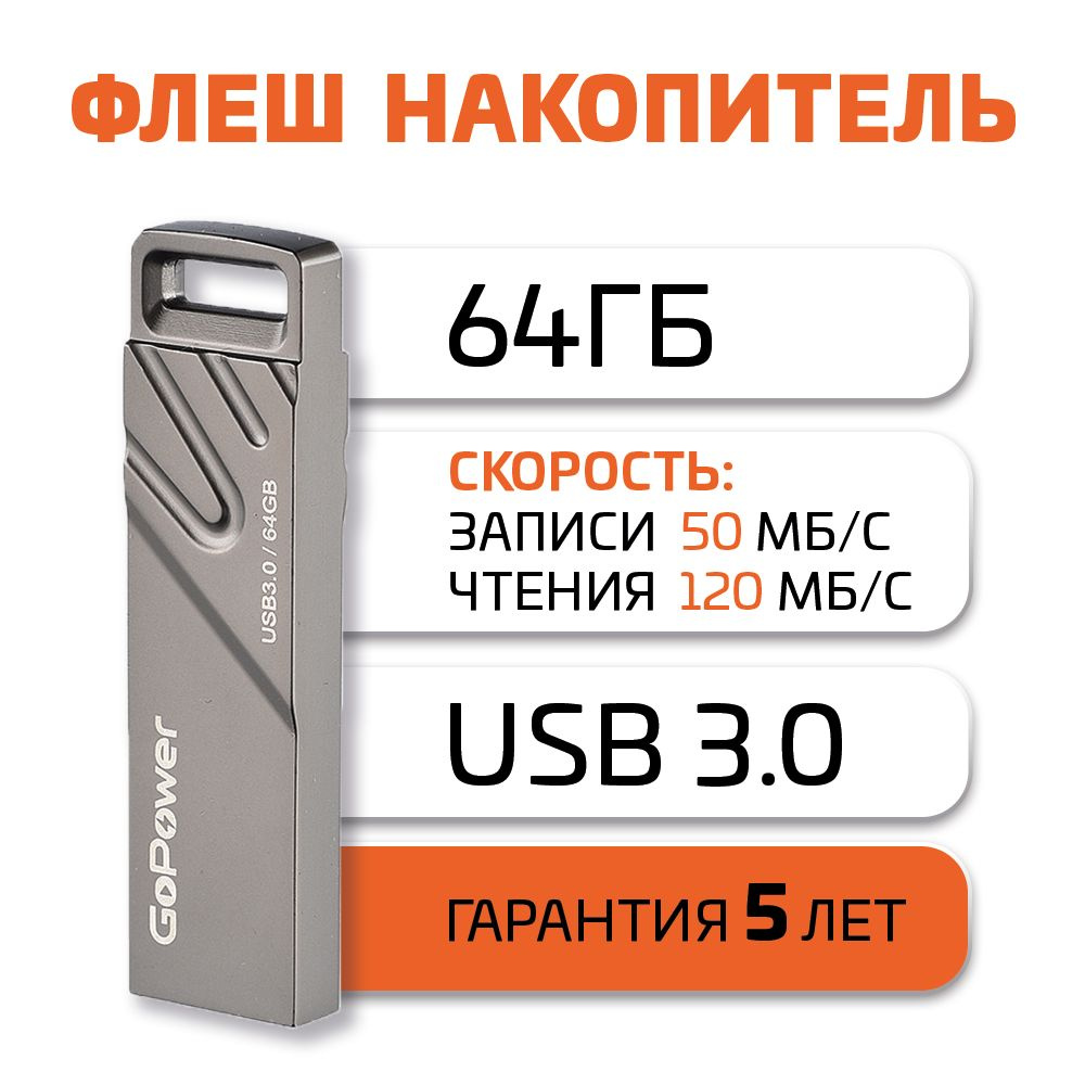 Флеш-накопитель GoPower TITAN 64GB USB 3.0 металл черный графит #1