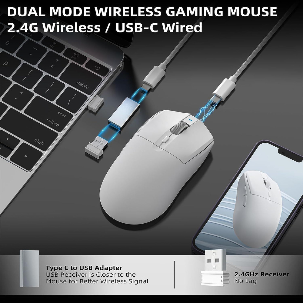 Ajazz Игровая мышь беспроводная AJ139PRO версия + приемник 1K, PAW3395 чип, белый  #1