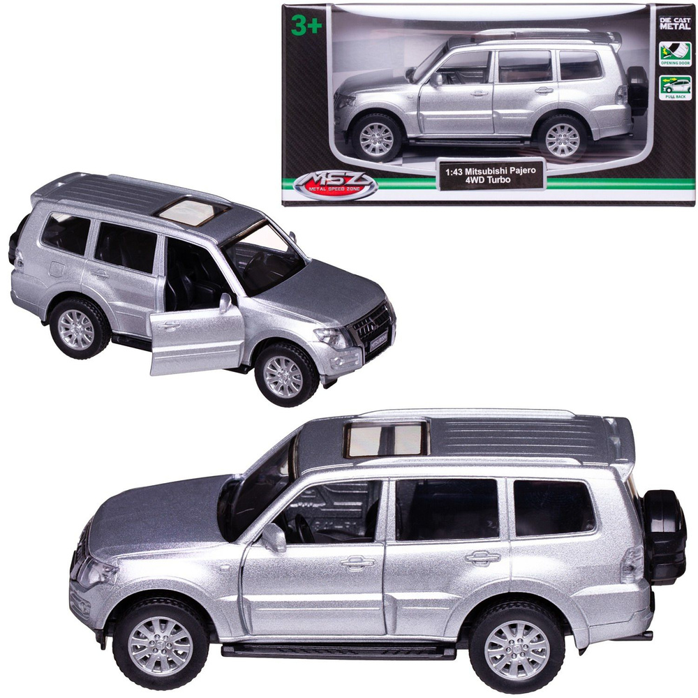 Машинка металлическая MSZ серия 1:43 Mitsubishi Pajero 4WD Turbo, цвет серебряный, инерционный механизм, #1