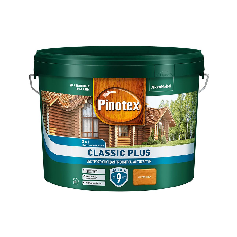 PINOTEX CLASSIC PLUS пропитка-антисептик быстросохнущая 3 в 1, лиственница (9л)  #1