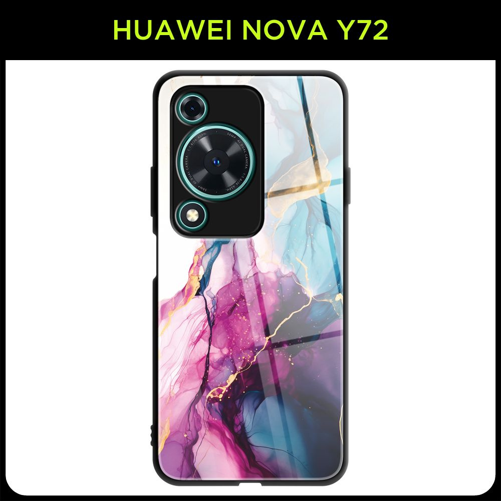 Стеклянный чехол на Huawei Nova Y72 / Хуавей Нова Y72 с принтом "Мрамор с фиолетово-бирюзовыми разводами" #1