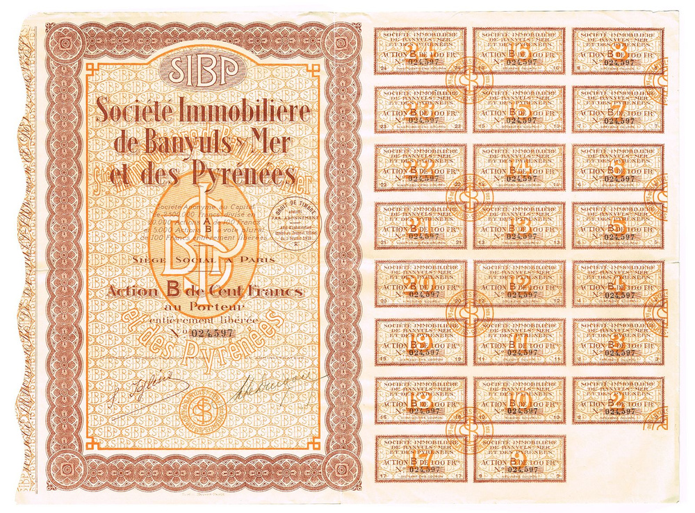 Ценная бумага Акция на 100 франков. Агентство недвижимости Баниёль-Сюр-Мер и Пиренеи. Литера B, № 024,597. #1