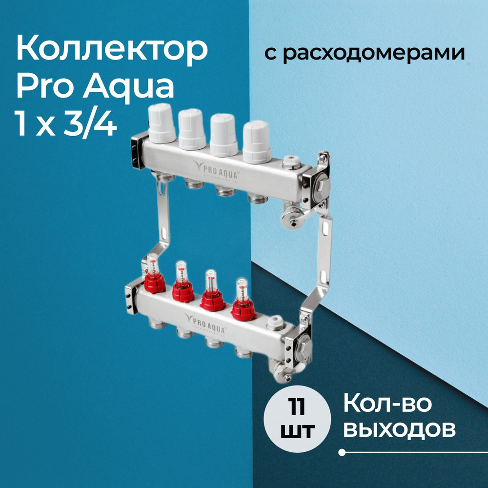 Коллекторная группа с расходомерами Pro Aqua 11 выходов, 630 мм, 1" x 3/4"  #1