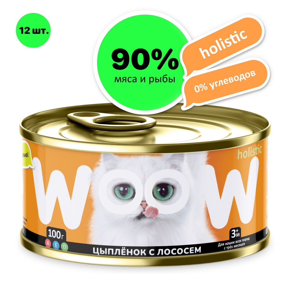 Корм для кошек WOOW.holistic цыплёнок с лососем кусочки в желе 12 шт  #1