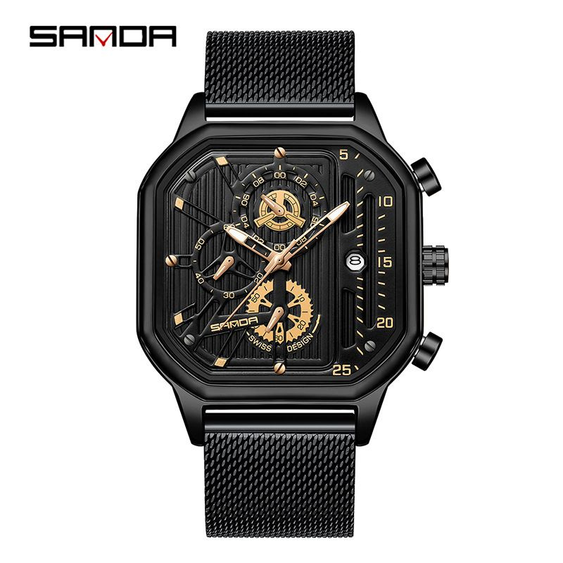Многофункциональные часы хронограф, с календарем, на металлическом браслете-сетка, SANDA  #1