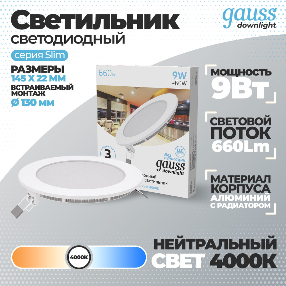 Светильник Gauss Slim круг 9W 660lm 4000K 180-265V IP20 монтаж d:130 145*22 LED 1/20, 1 шт.  #1