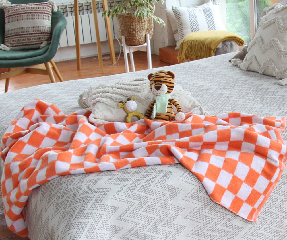 Одеяло байковое 100х140 Оранжевая клетка 100% хлопок #1