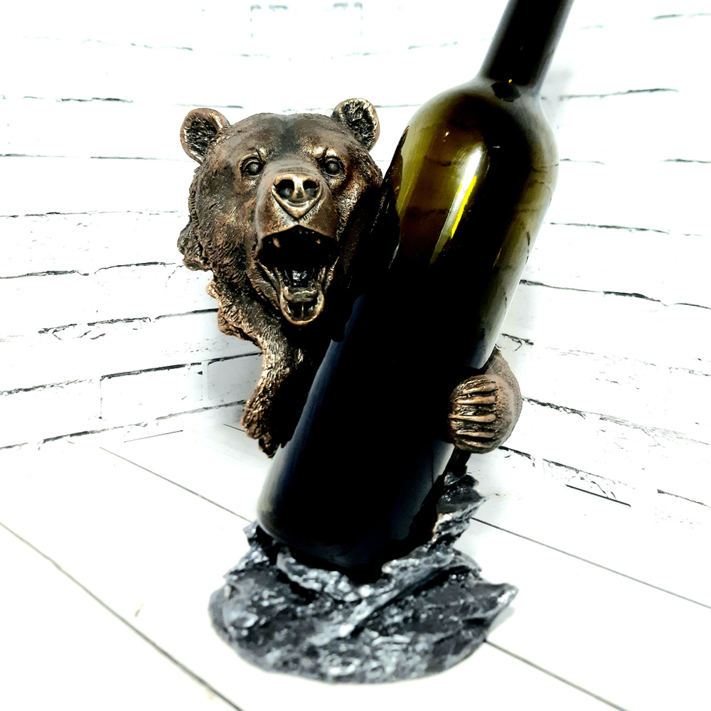 Держатель для бутылок интерьерный "Медведь оскал" 14*12.5*25см, бронза/серебро, материал полистоун.  #1