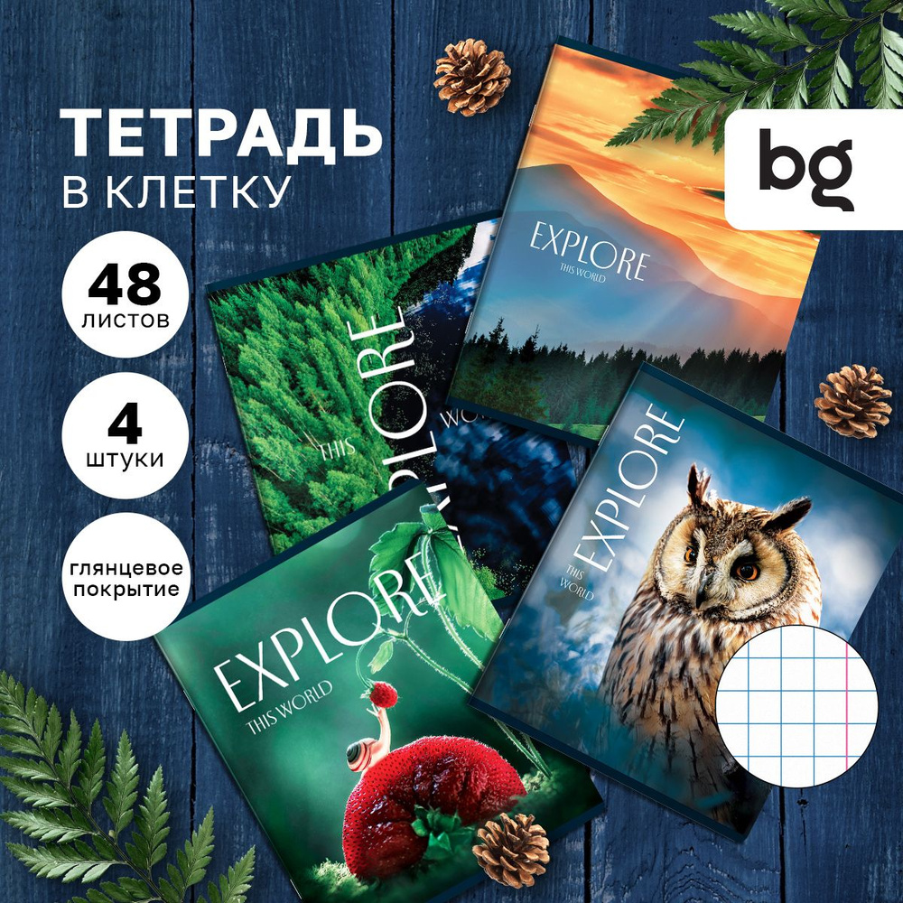 Тетрадь 48л., А5, клетка BG "Explore", глянцевая ламинация, 4 шт. #1