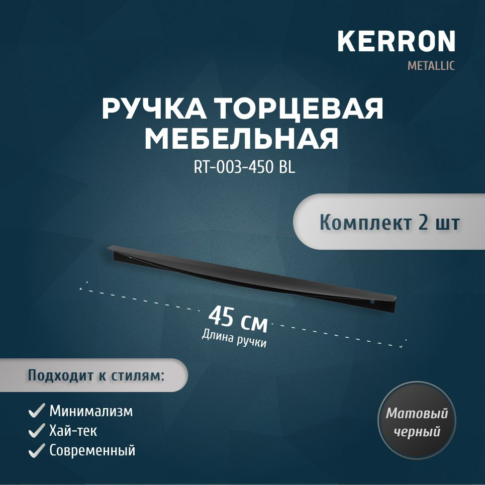 Мебельная ручка торцевая KERRON 450 мм / Ручка для мебели скрытая комплект из 2 шт. / Цвет: матовый черный. #1