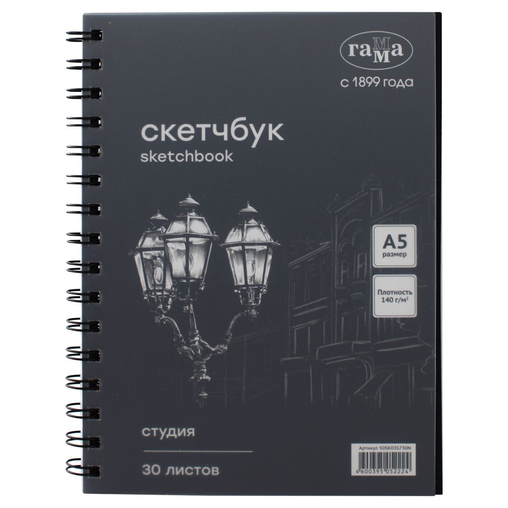 Скетчбук 30л., А5, на спирали Гамма "Студия", черный, 140г/м2 #1