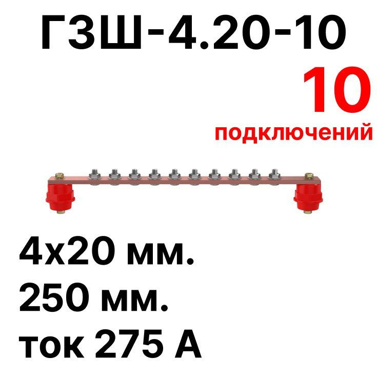 ГЗШ-4.20-10 250х20х4мм главная заземляющая шина медная #1