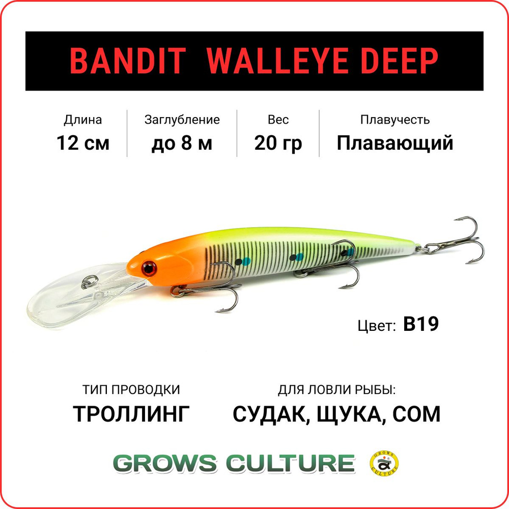 Воблер для троллинга Grows Culture BANDIT WALLEYE DEEP 120F цв. B19, заглубление до 8 метров, воблер #1