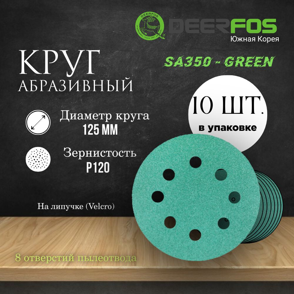 Круг шлифовальный на липучке (SA350) - GREEN, 125 мм, (8 отверстий), Р 120, 10 шт.  #1