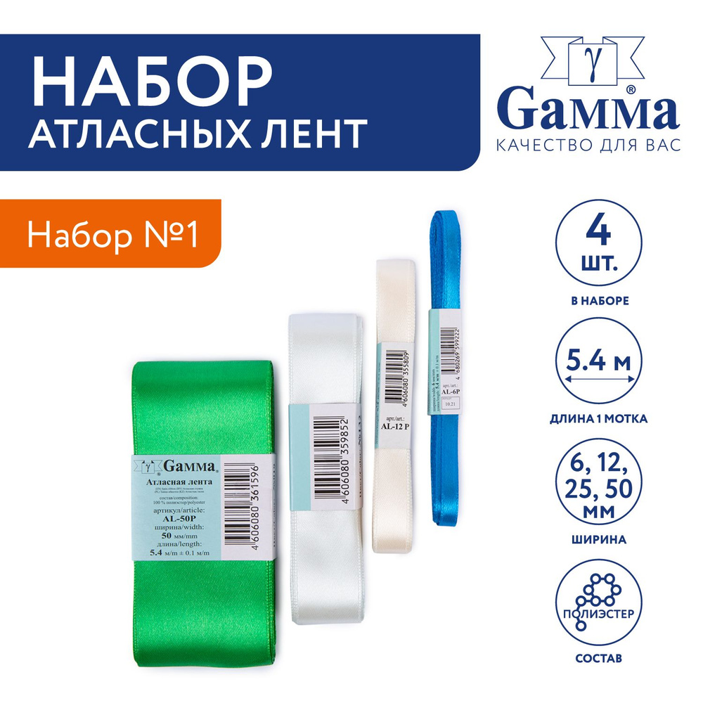 Набор атласных лент "Gamma" ALPM 12 мм, 25 мм, 6 мм, 50 мм, 5.4м,4 цв №1  #1