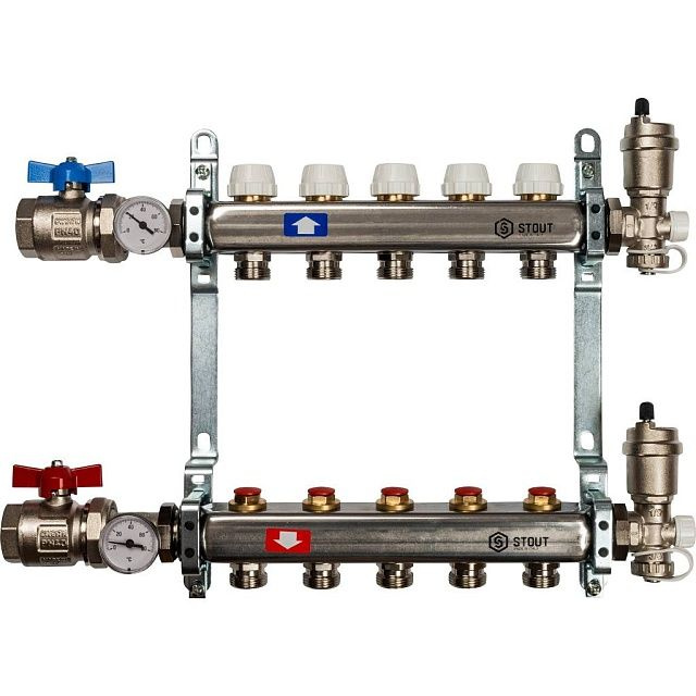 Коллекторная группа нерж, без расходомеров, 5 выходов, воздухоотводчик, слив, краны, в сборе Stout  #1