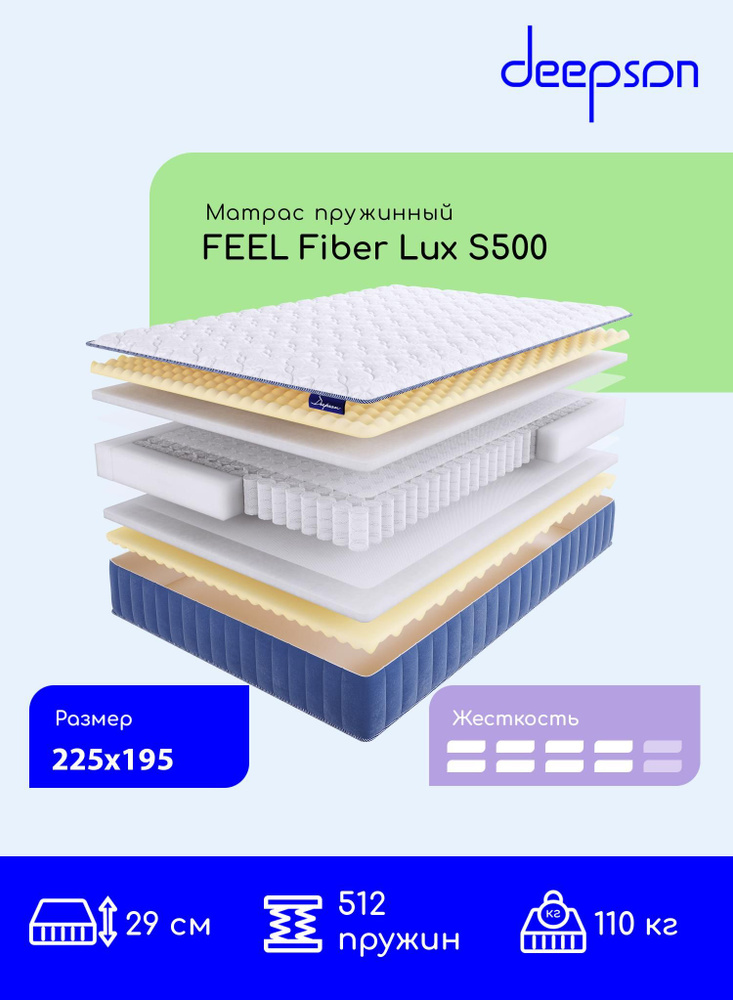 Матрас, ортопедический Deepson FEEL Fiber LUX S500 средней жесткости, Двуспальный, Беспружинный, На кровать #1